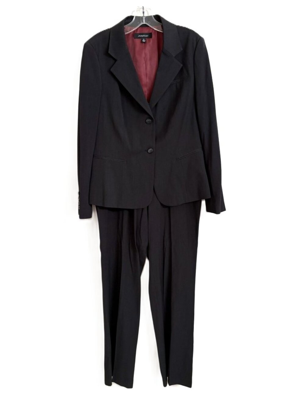 Atelier Women's 2 Piece Gray Jacket and Pants Suit Set with Red Lining Size 12